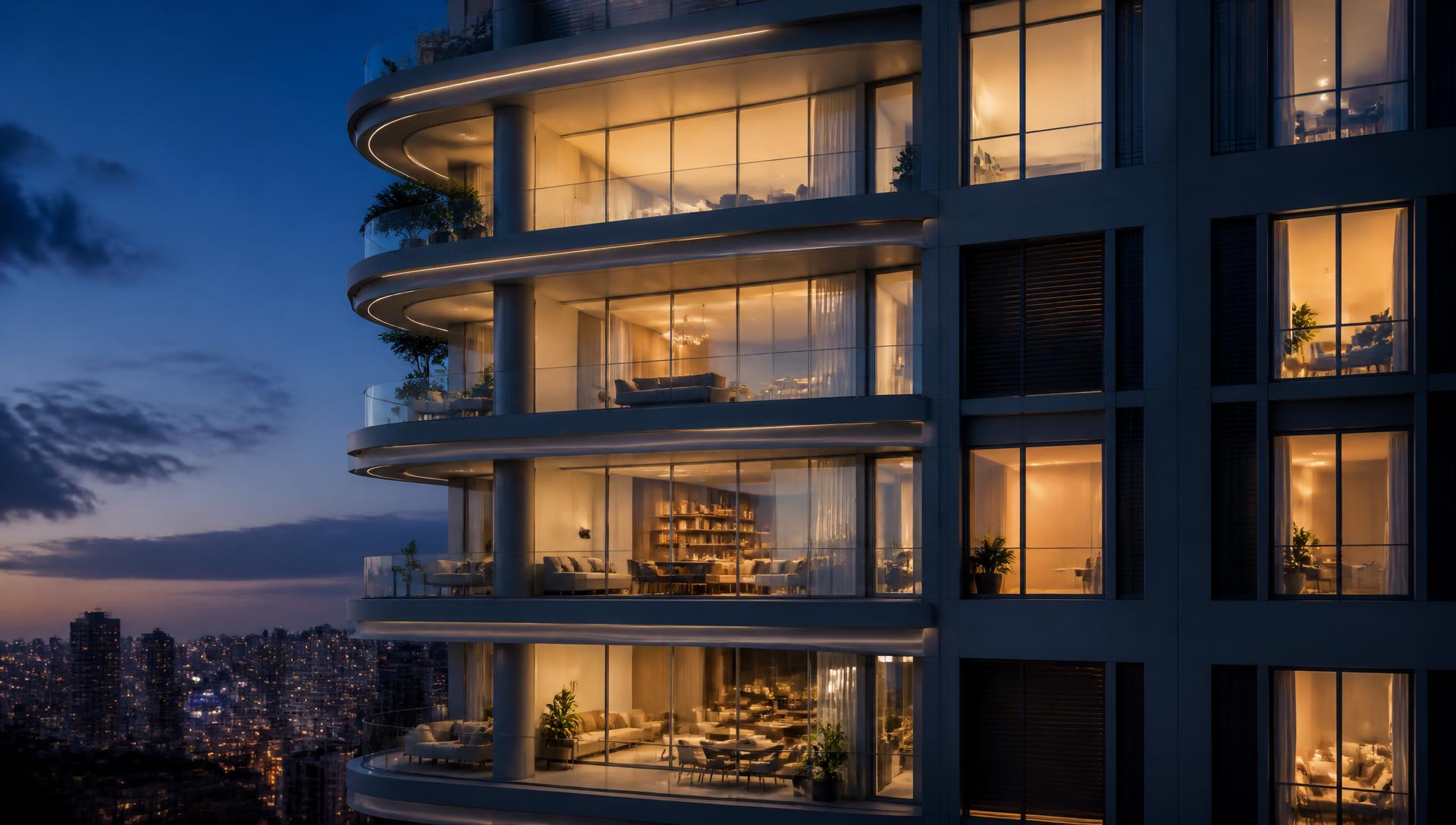 Fachada de edifício residencial de alto padrão ao anoitecer